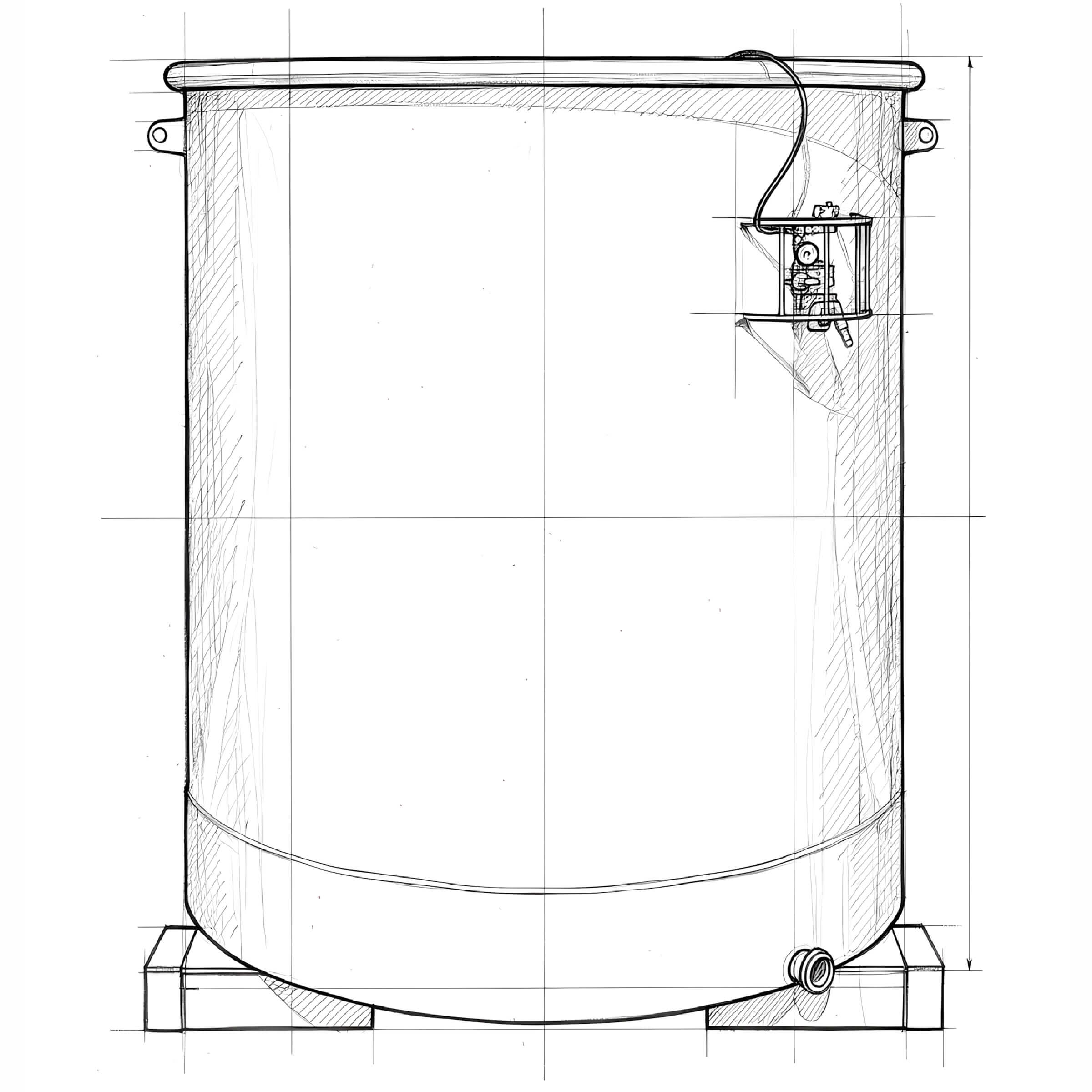 xcell-multi-sketch-light Black and white technical drawing or schematic sketch of an X'Cell Multi tank, rendered with black lines on a solid white background.